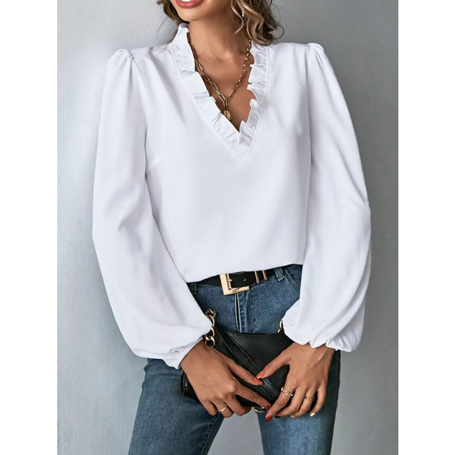 Ruffled Trim V-Neck Blouse Apparel and Accessories