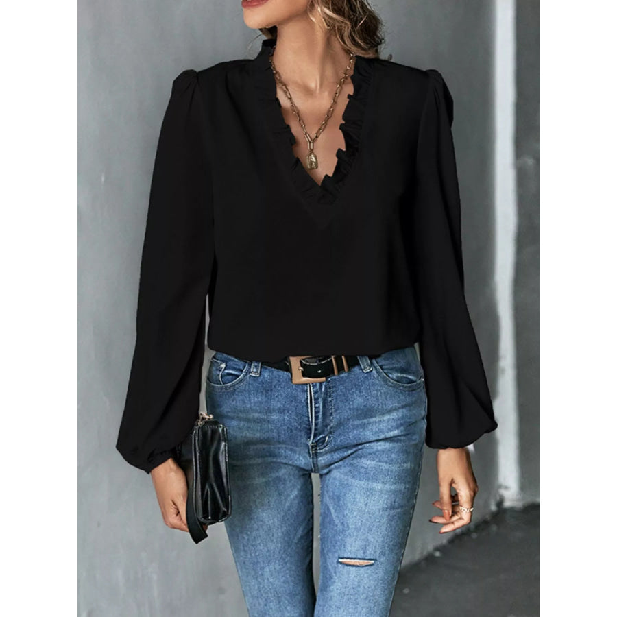 Ruffled Trim V-Neck Blouse Apparel and Accessories