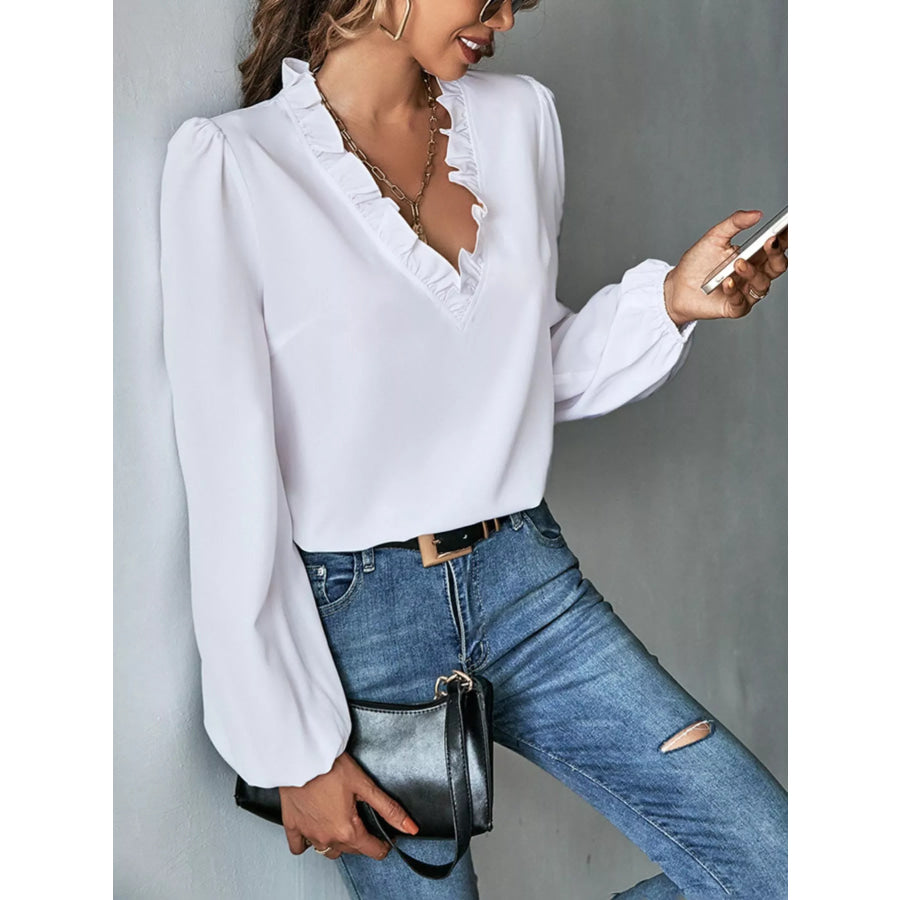 Ruffled Trim V-Neck Blouse Apparel and Accessories