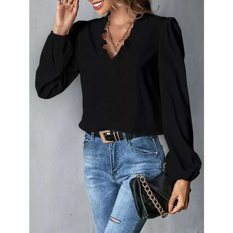 Ruffled Trim V-Neck Blouse Apparel and Accessories