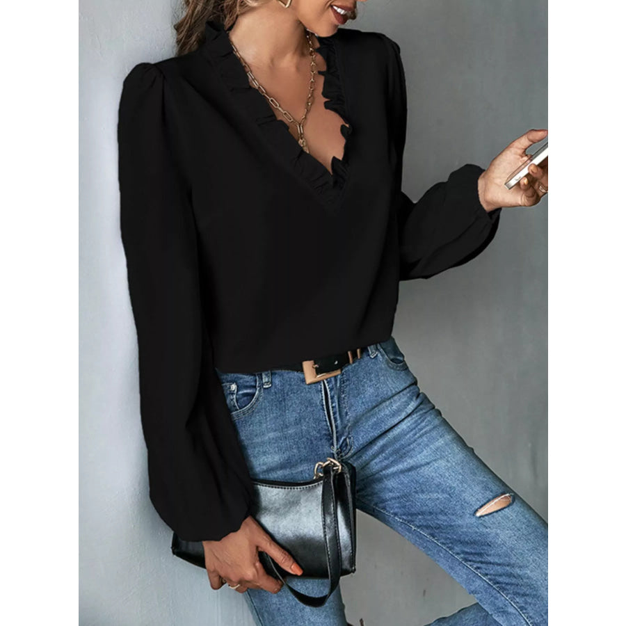 Ruffled Trim V-Neck Blouse Black / S Apparel and Accessories