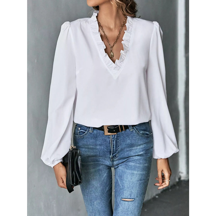 Ruffled Trim V-Neck Blouse White / S Apparel and Accessories