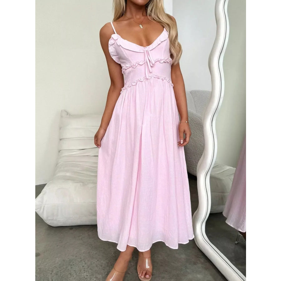 Ruffled Trimmed Spaghetti Strap Midi Dress Apparel and Accessories
