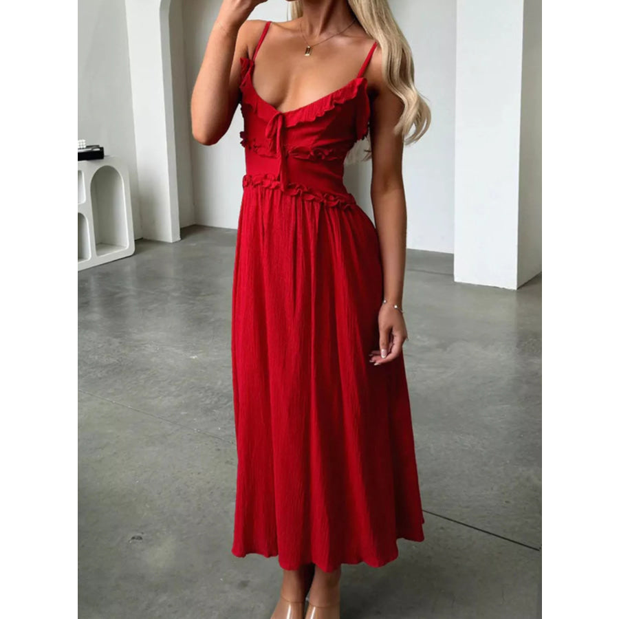 Ruffled Trimmed Spaghetti Strap Midi Dress Apparel and Accessories