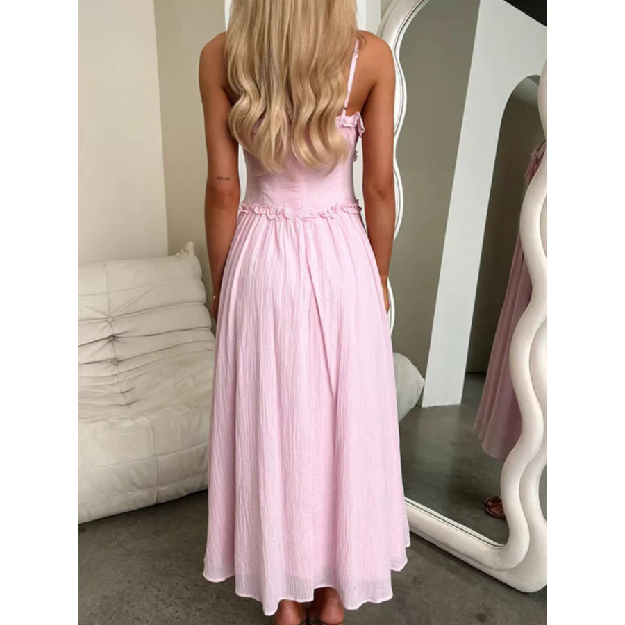 Ruffled Trimmed Spaghetti Strap Midi Dress Apparel and Accessories