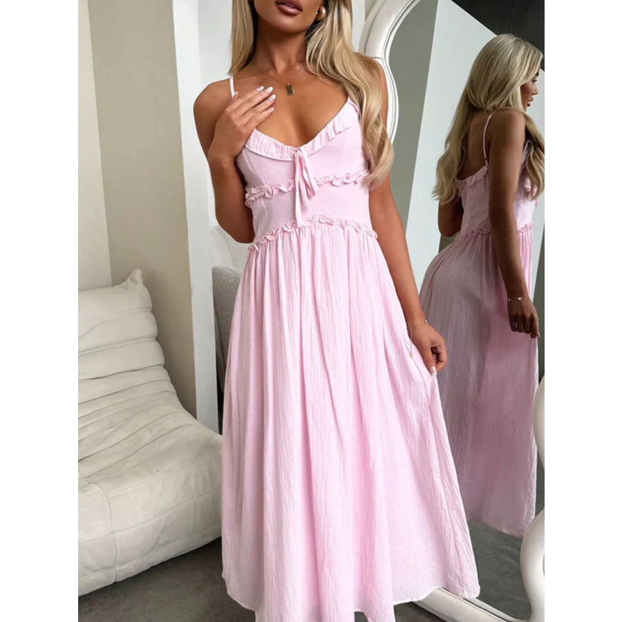 Ruffled Trimmed Spaghetti Strap Midi Dress Apparel and Accessories