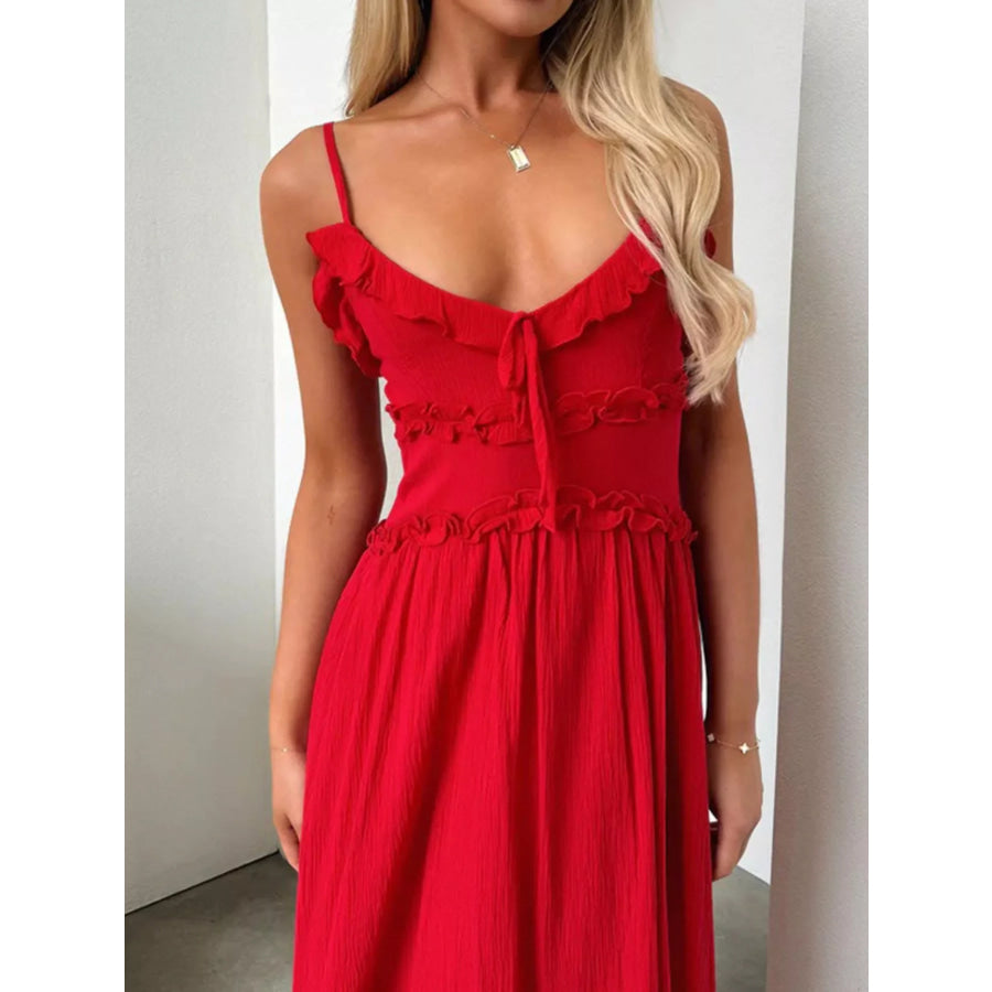 Ruffled Trimmed Spaghetti Strap Midi Dress Apparel and Accessories