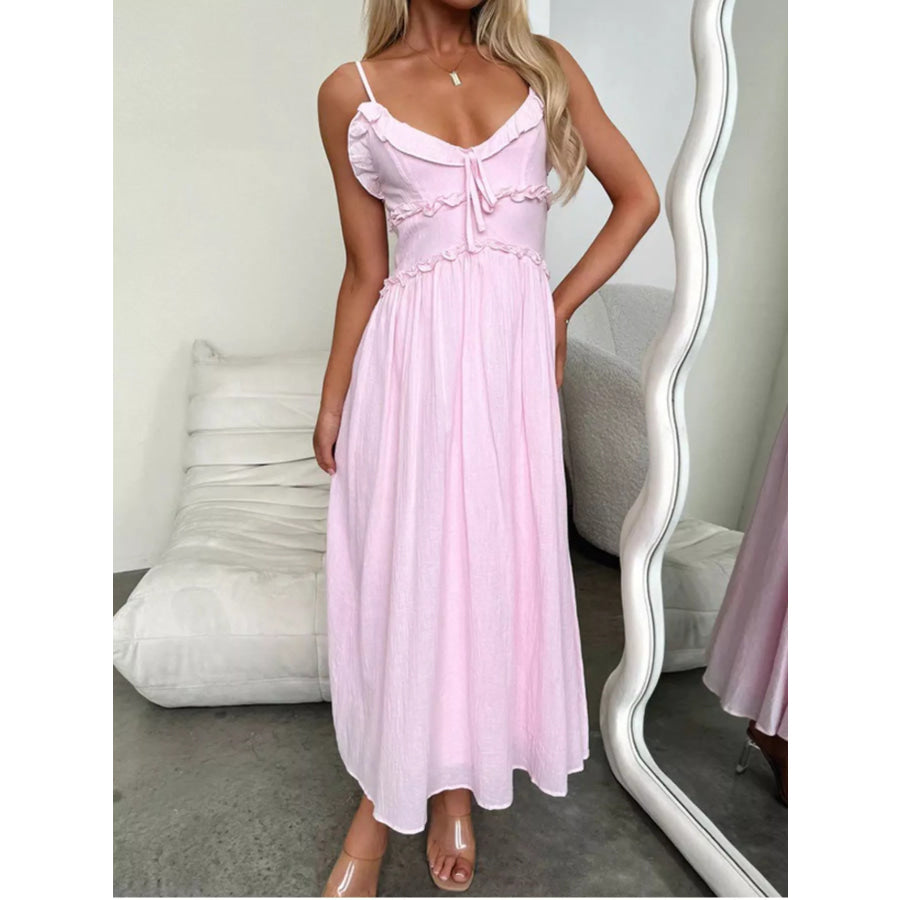 Ruffled Trimmed Spaghetti Strap Midi Dress Apparel and Accessories