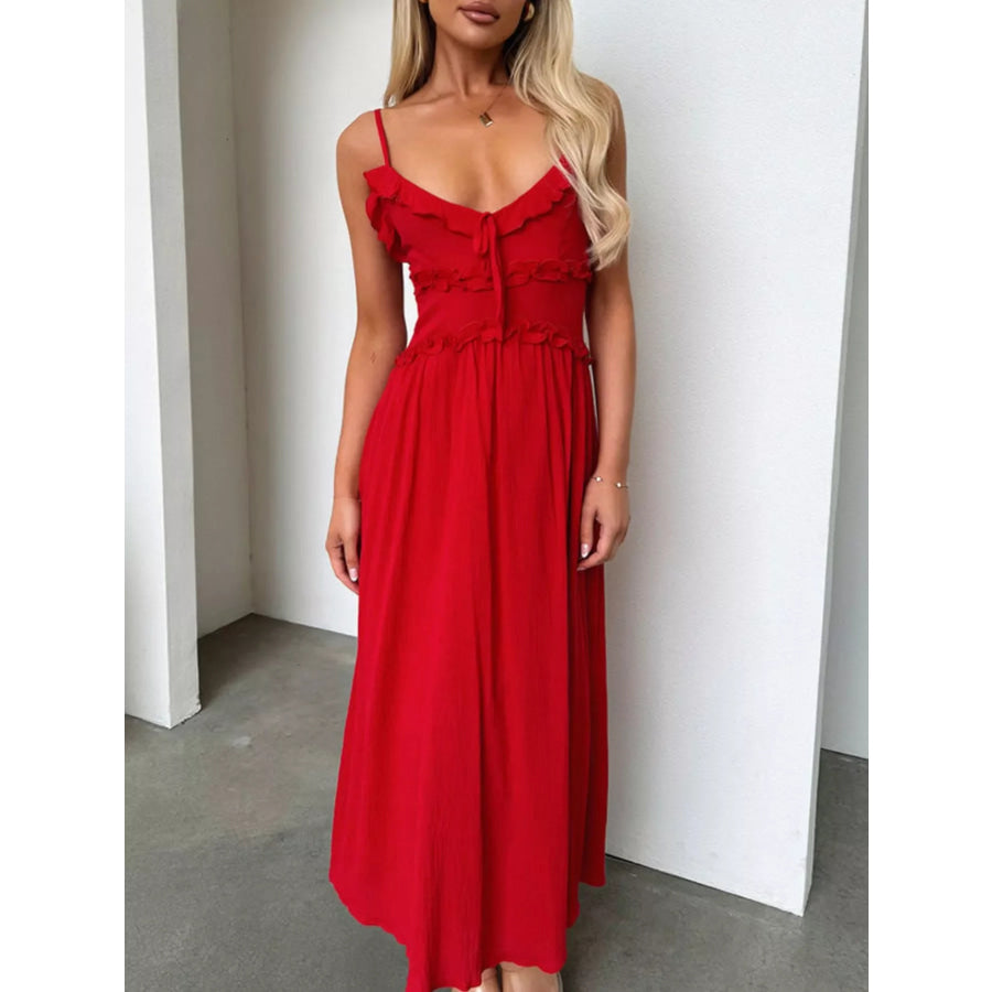 Ruffled Trimmed Spaghetti Strap Midi Dress Apparel and Accessories