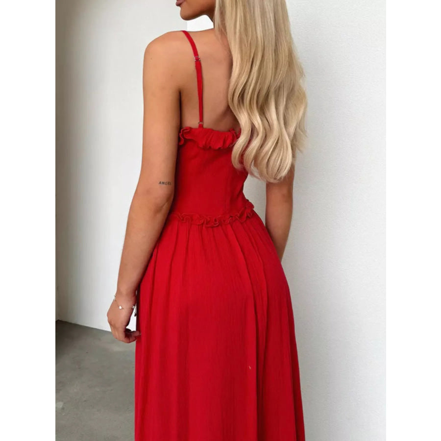 Ruffled Trimmed Spaghetti Strap Midi Dress Apparel and Accessories