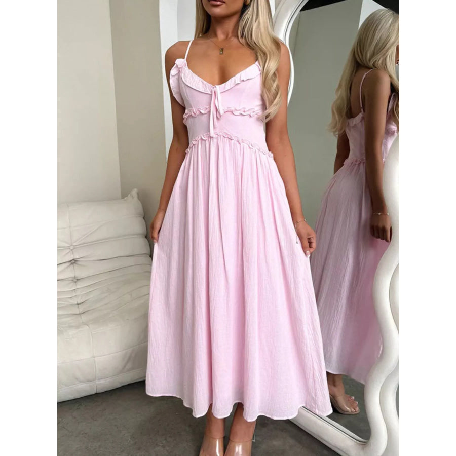 Ruffled Trimmed Spaghetti Strap Midi Dress Pink / S Apparel and Accessories