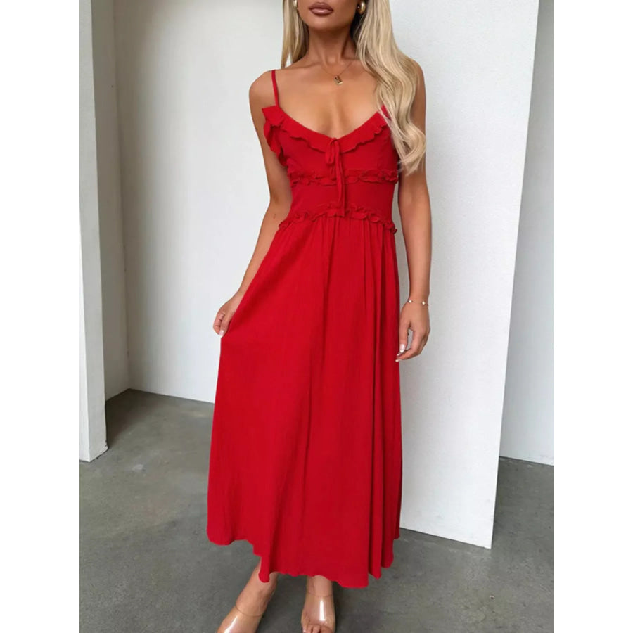 Ruffled Trimmed Spaghetti Strap Midi Dress Red / S Apparel and Accessories