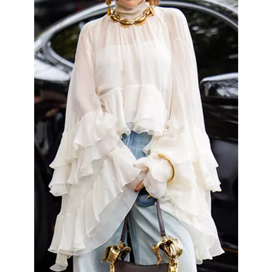 Ruffled Turtleneck Long Sleeve Blouse Apparel and Accessories
