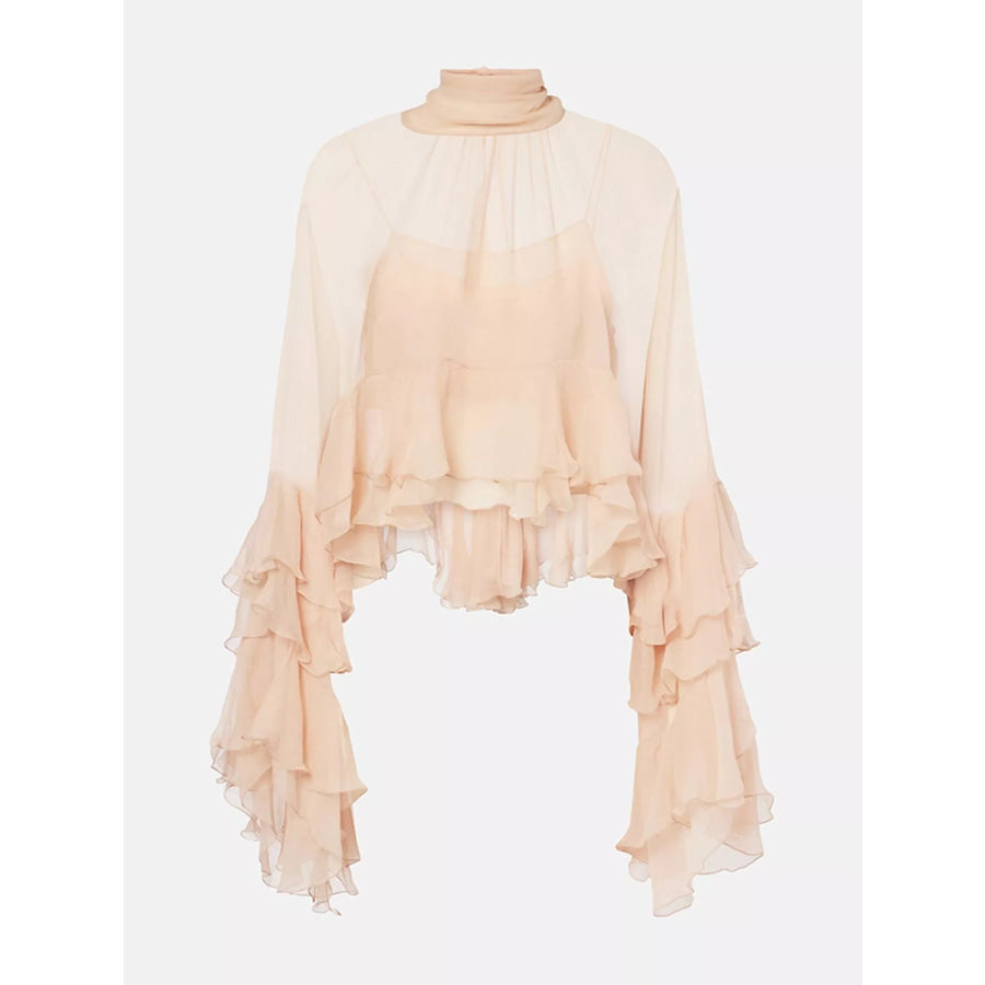 Ruffled Turtleneck Long Sleeve Blouse Nude Pink / S Apparel and Accessories