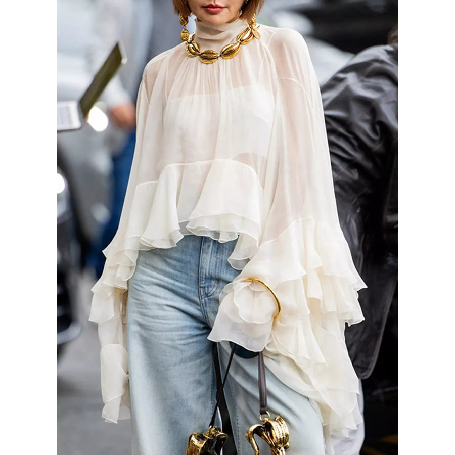 Ruffled Turtleneck Long Sleeve Blouse Off-White / S Apparel and Accessories