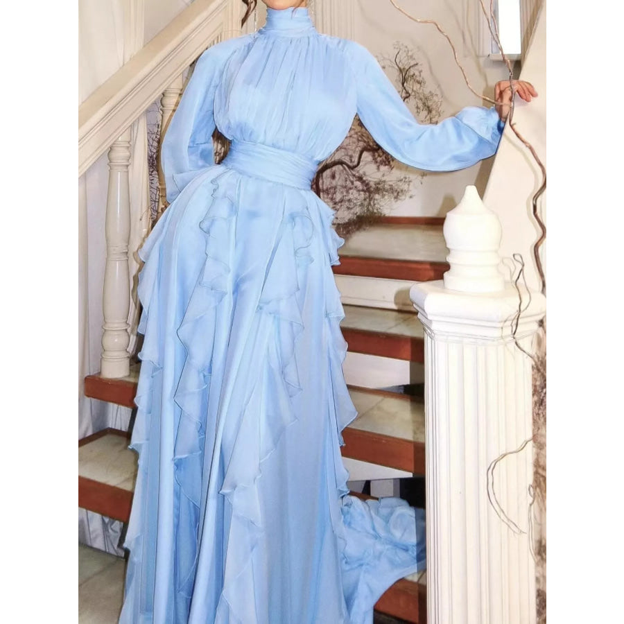Ruffled Turtleneck Long Sleeve Maxi Dress Light Blue / S Apparel and Accessories