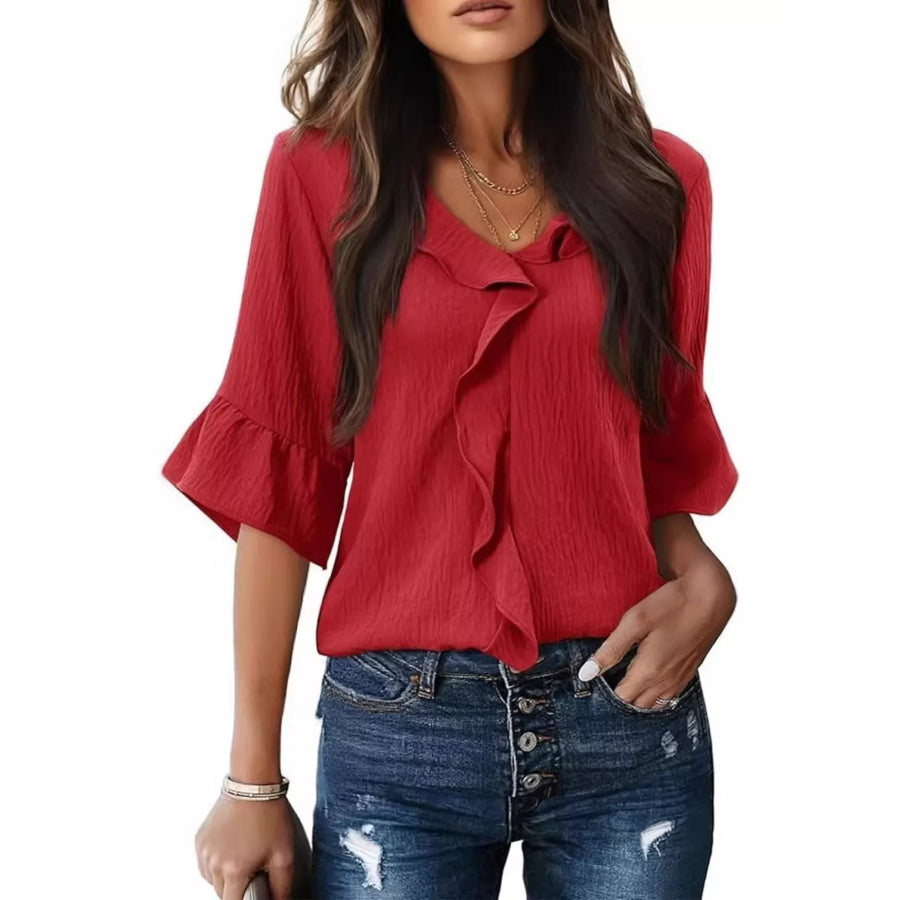 Ruffled V-Neck Bell Sleeve Blouse Deep Red / S Apparel and Accessories