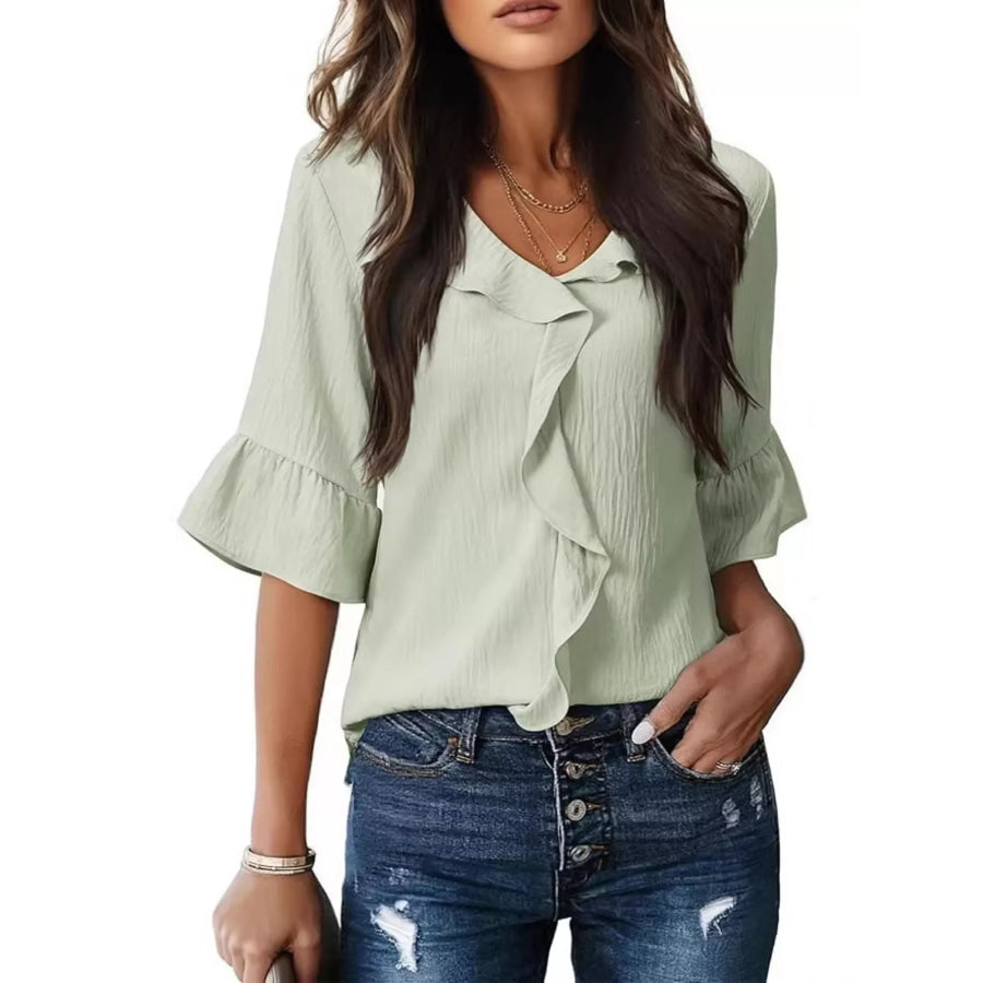 Ruffled V-Neck Bell Sleeve Blouse Sage / S Apparel and Accessories