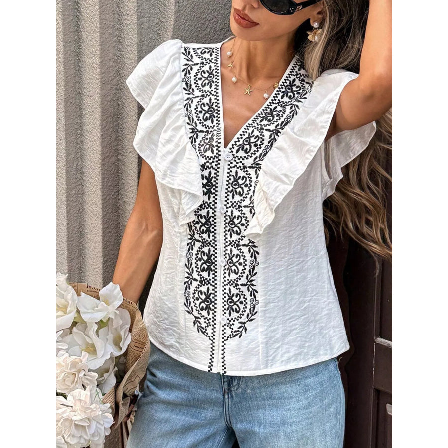 Ruffled V-Neck Blouse Apparel and Accessories