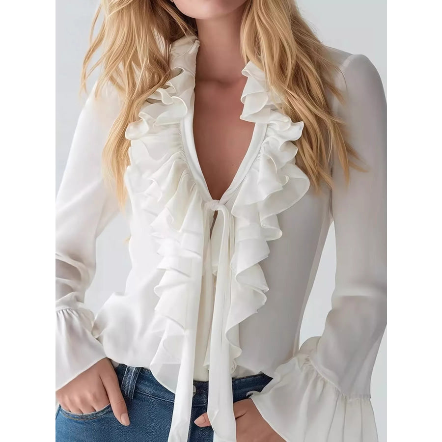 Ruffled V-Neck Blouse with Bell Sleeves Apparel and Accessories
