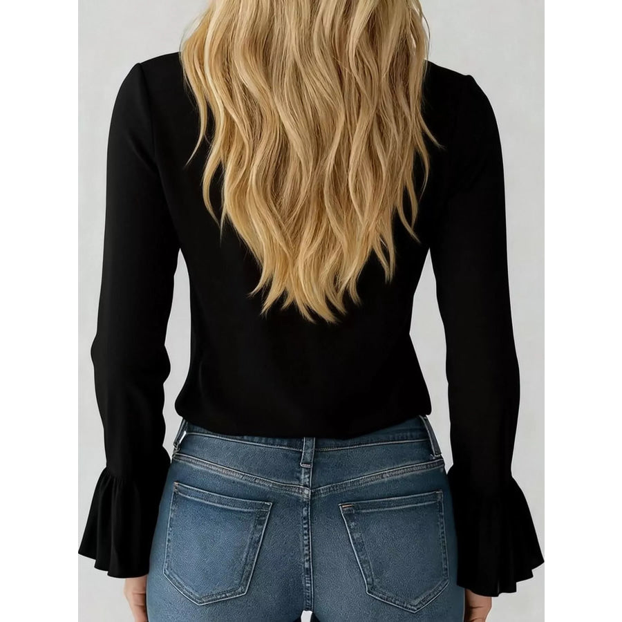 Ruffled V-Neck Blouse with Bell Sleeves Apparel and Accessories