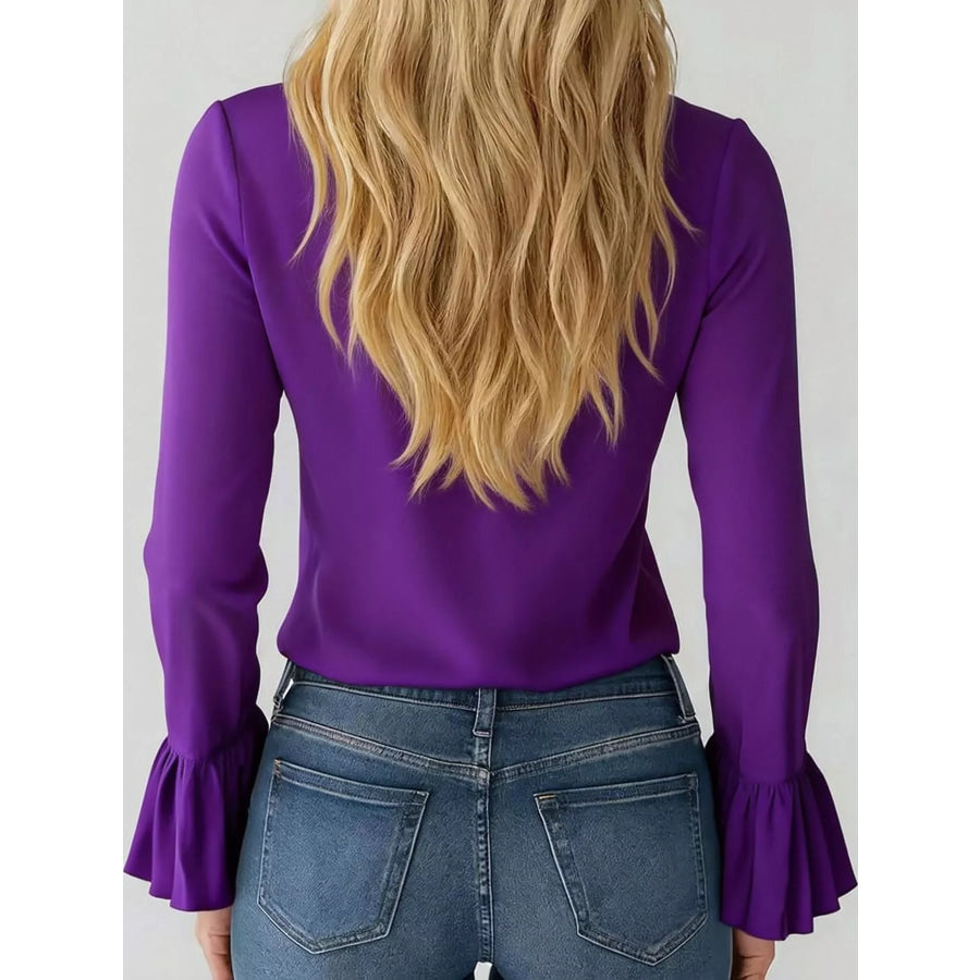 Ruffled V-Neck Blouse with Bell Sleeves Apparel and Accessories