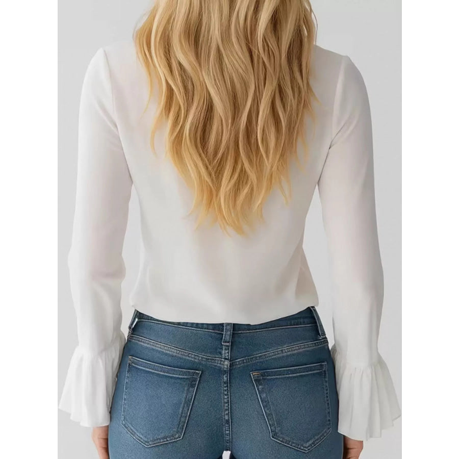 Ruffled V-Neck Blouse with Bell Sleeves Apparel and Accessories