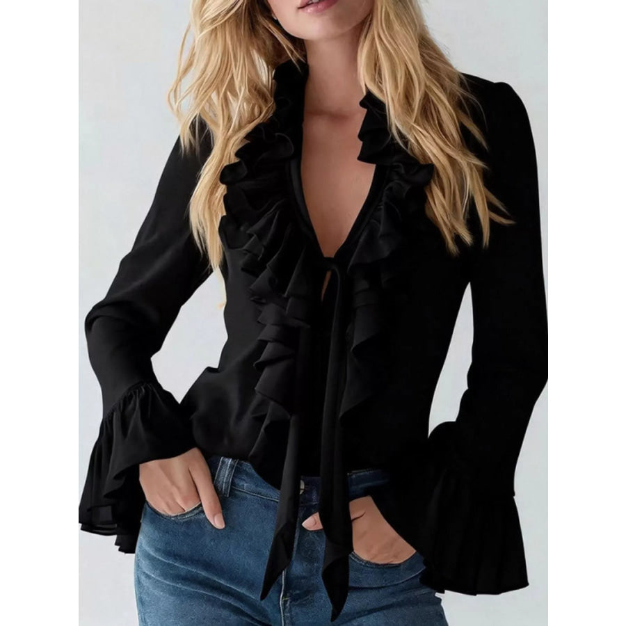 Ruffled V-Neck Blouse with Bell Sleeves Black / S Apparel and Accessories