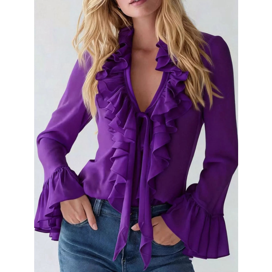 Ruffled V-Neck Blouse with Bell Sleeves Purple / S Apparel and Accessories