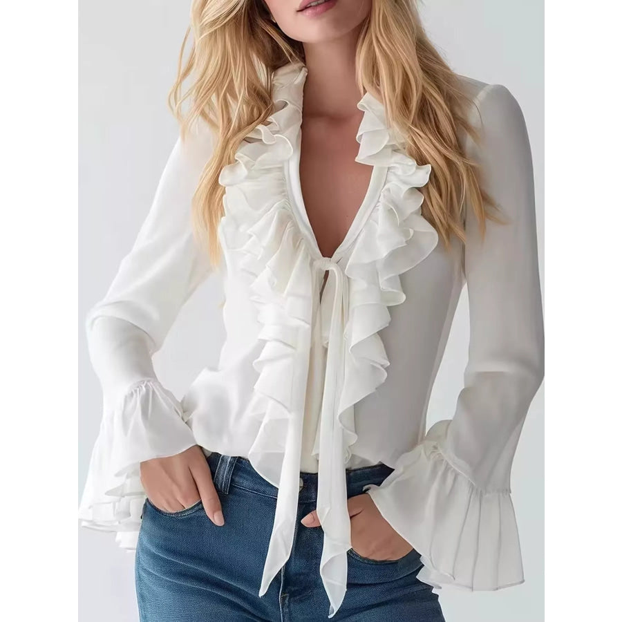 Ruffled V-Neck Blouse with Bell Sleeves White / S Apparel and Accessories