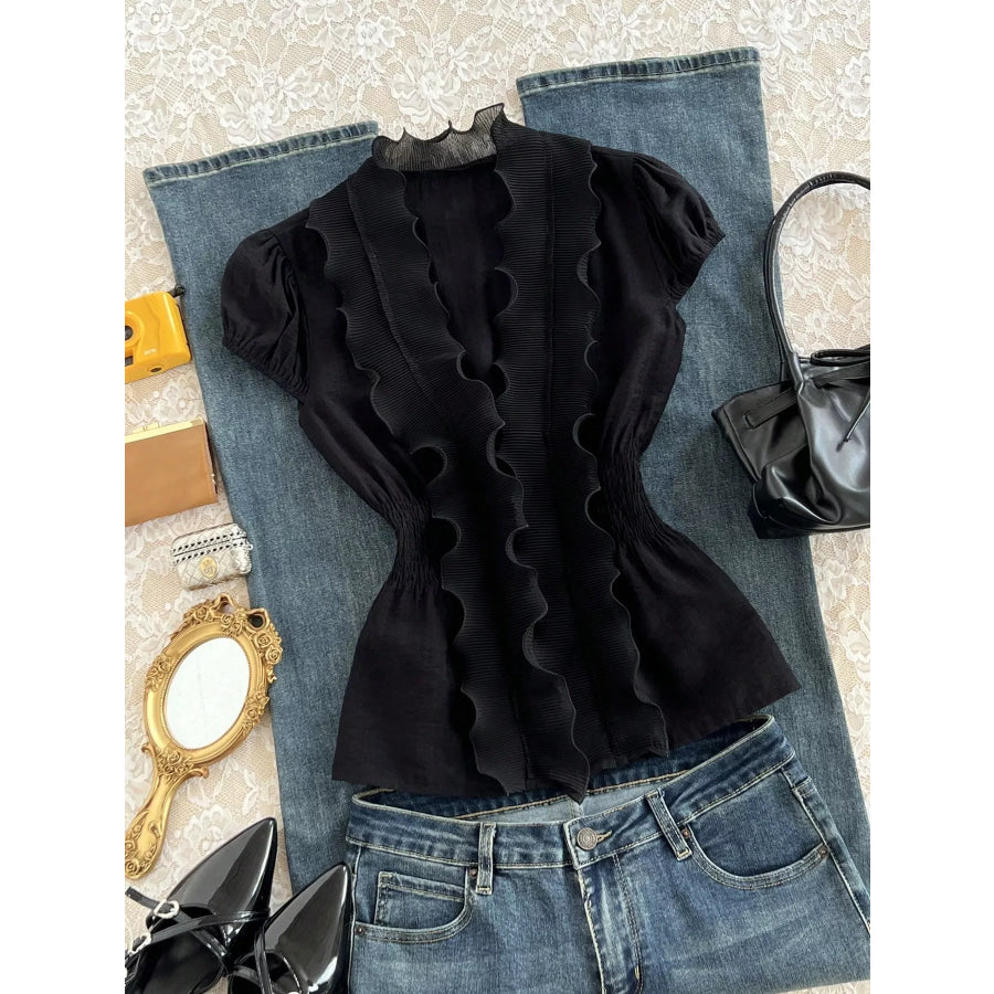 Ruffled V-Neck Blouse with Smocked Waist Apparel and Accessories