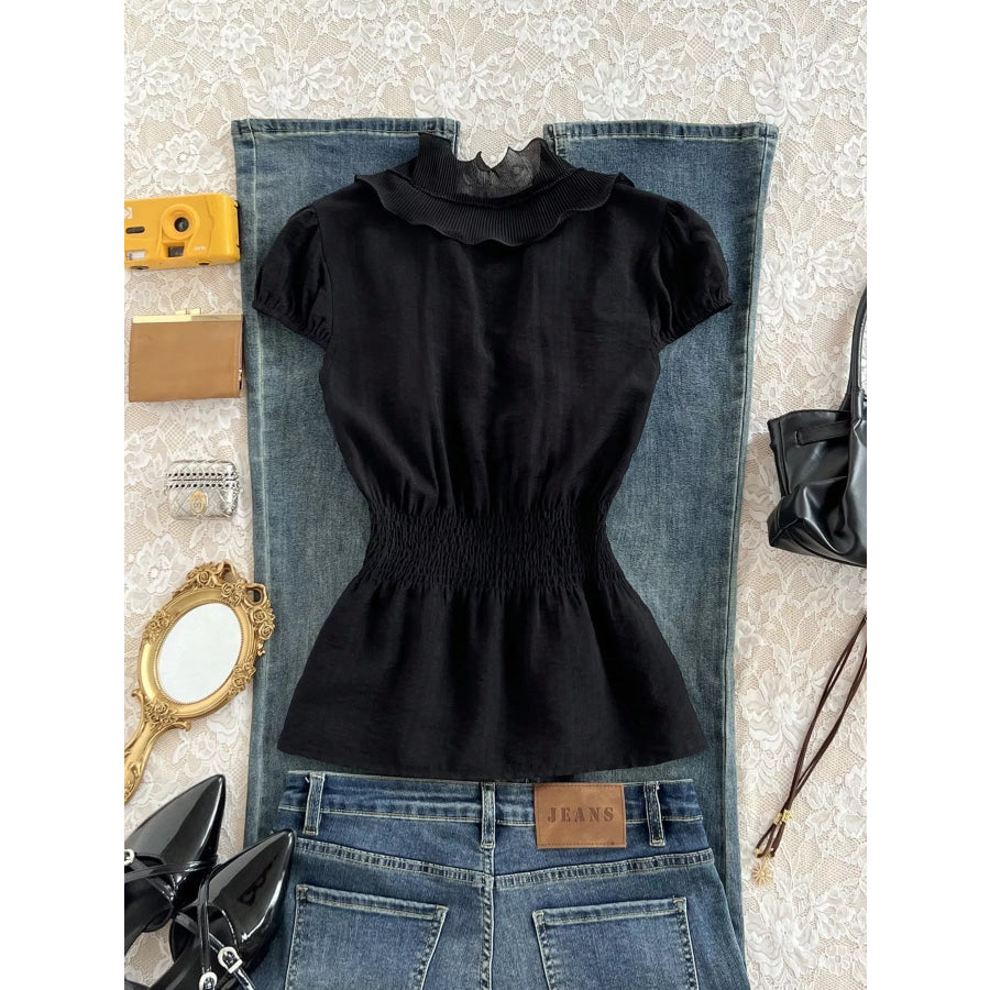 Ruffled V-Neck Blouse with Smocked Waist Apparel and Accessories