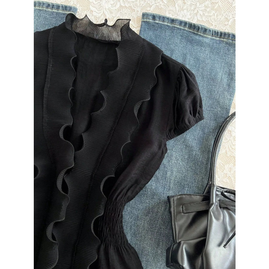 Ruffled V-Neck Blouse with Smocked Waist Apparel and Accessories