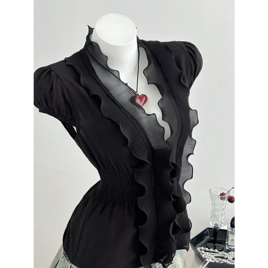 Ruffled V-Neck Blouse with Smocked Waist Black / S Apparel and Accessories