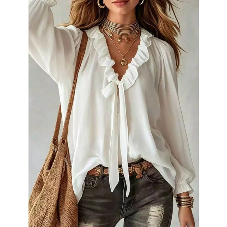 Ruffled V-Neck Blouse with Tie-Front Detail Apparel and Accessories