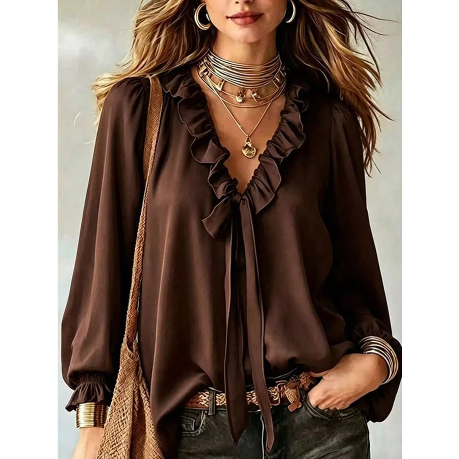 Ruffled V-Neck Blouse with Tie-Front Detail Apparel and Accessories