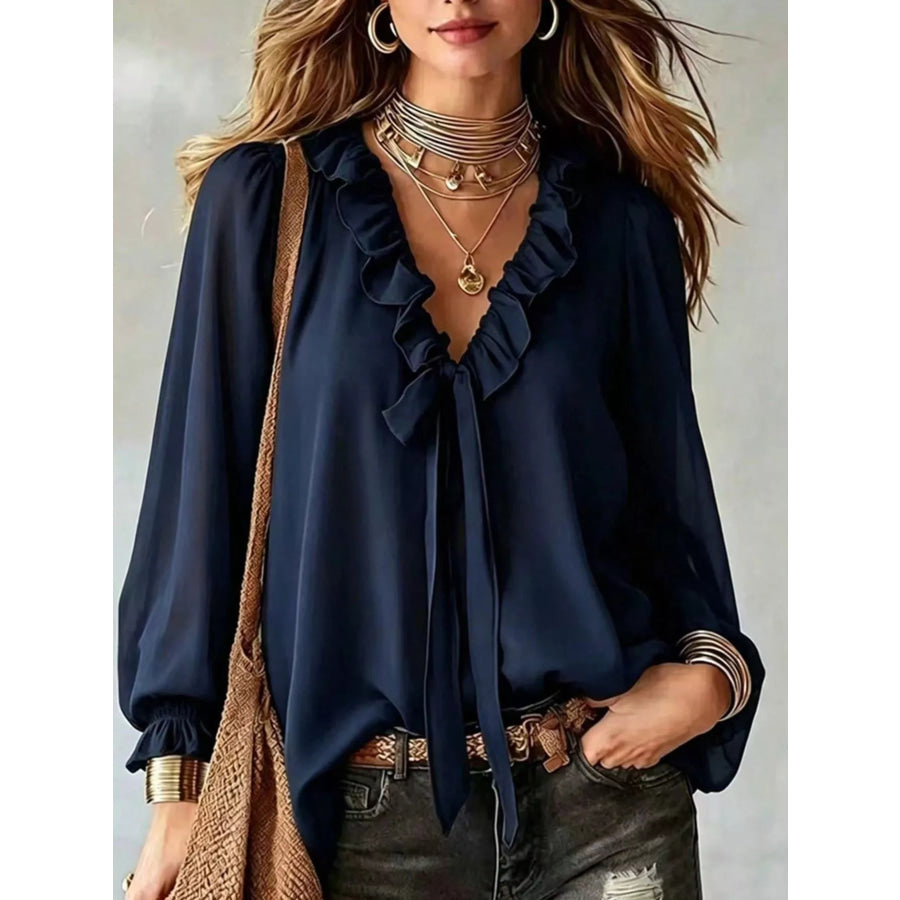 Ruffled V-Neck Blouse with Tie-Front Detail Apparel and Accessories