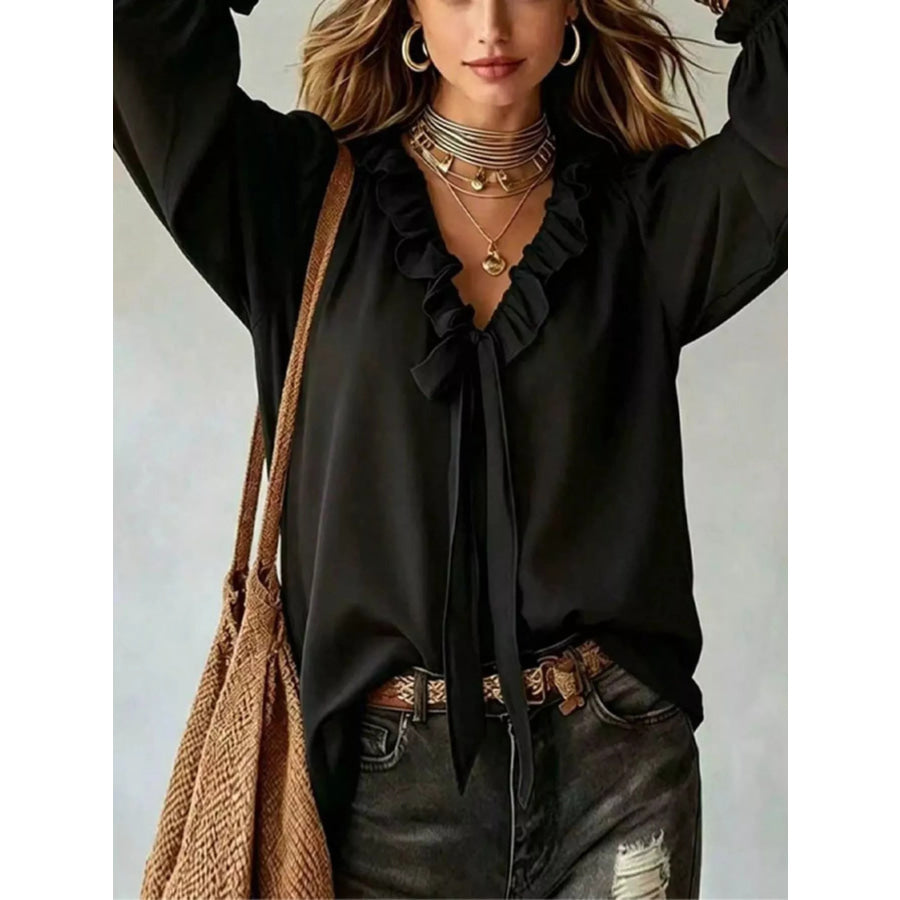 Ruffled V-Neck Blouse with Tie-Front Detail Apparel and Accessories