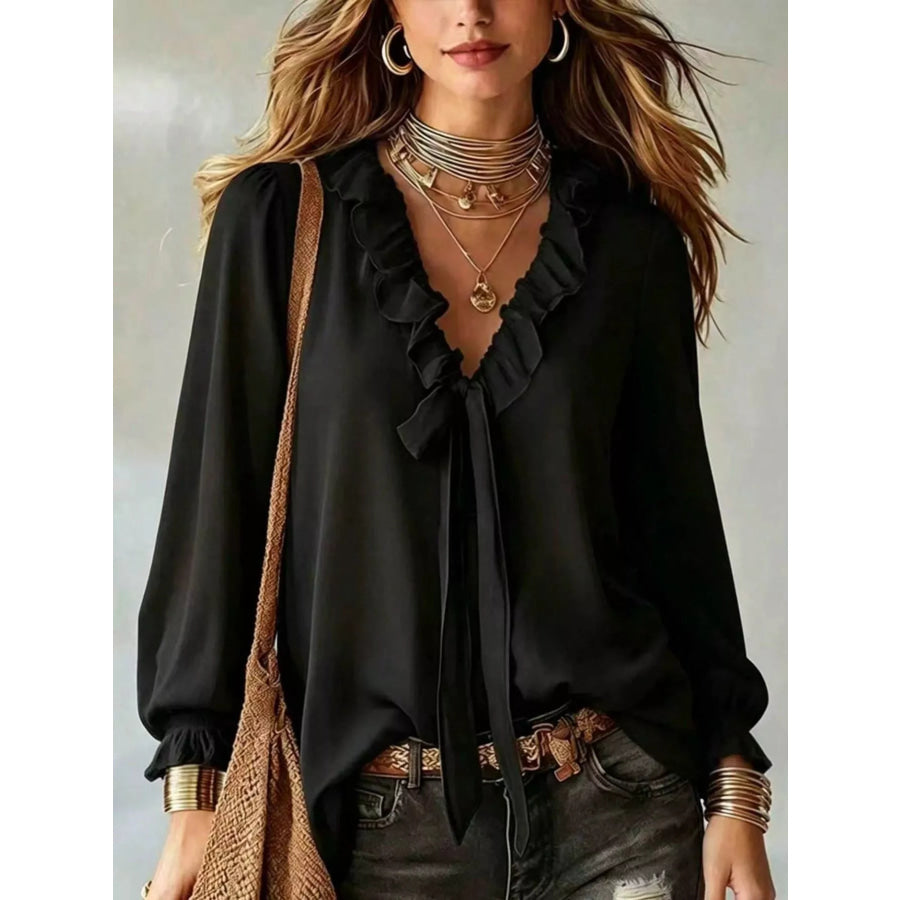 Ruffled V-Neck Blouse with Tie-Front Detail Black / S Apparel and Accessories