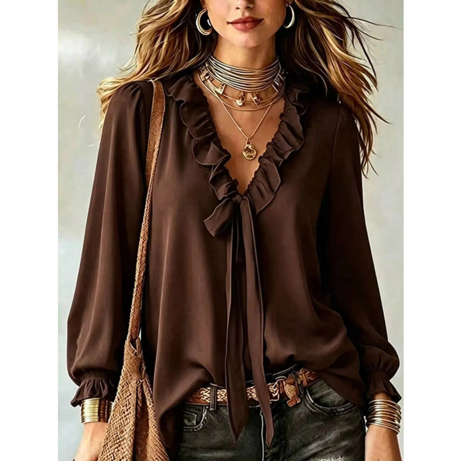 Ruffled V-Neck Blouse with Tie-Front Detail Brown / S Apparel and Accessories
