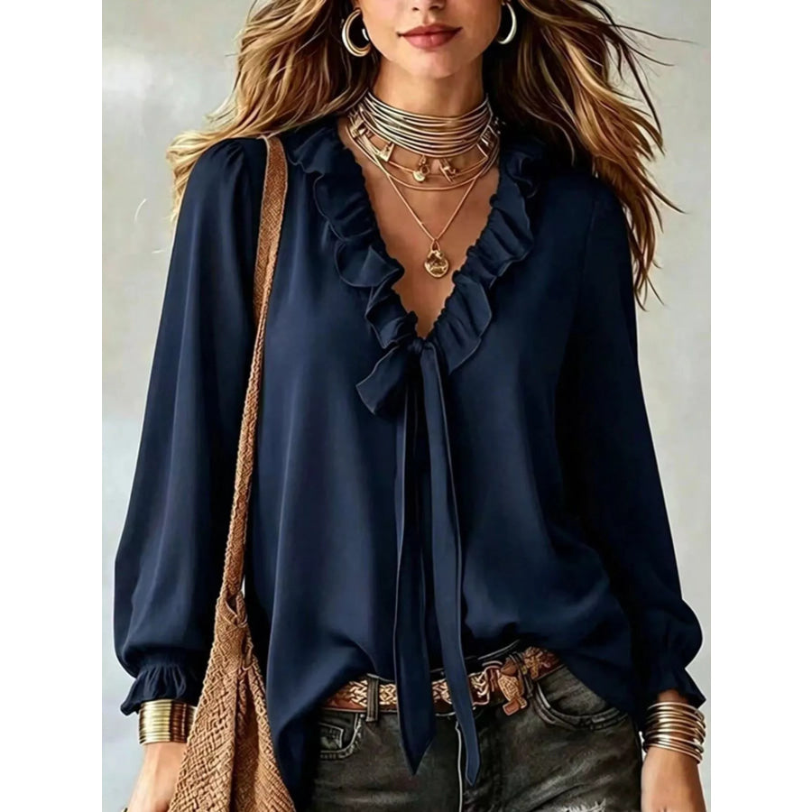 Ruffled V-Neck Blouse with Tie-Front Detail Dark Blue / S Apparel and Accessories