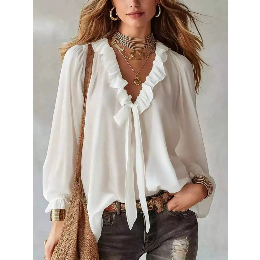 Ruffled V-Neck Blouse with Tie-Front Detail White / S Apparel and Accessories