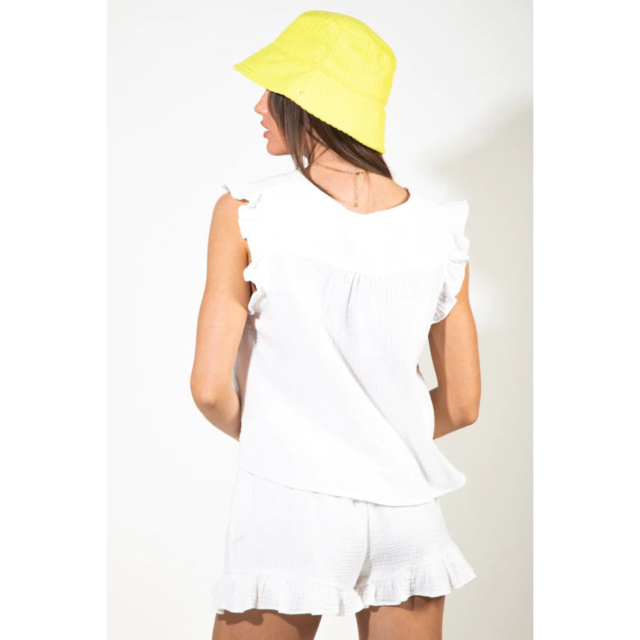 Ruffled V - Neck Cap Sleeve and Shorts Set Apparel and Accessories