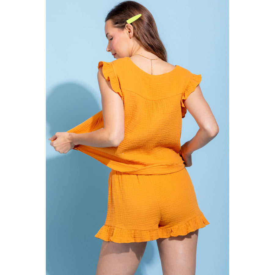 Ruffled V - Neck Cap Sleeve and Shorts Set Mustard / S Apparel and Accessories