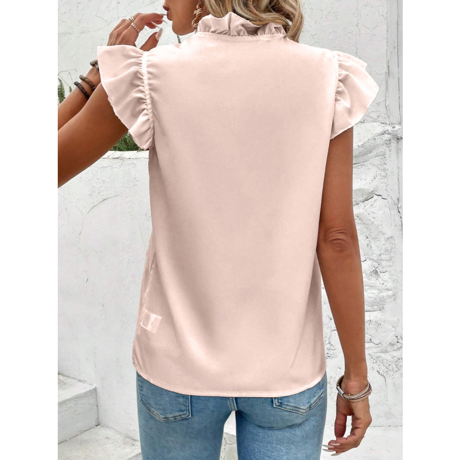 Ruffled V - Neck Cap Sleeve Blouse Apparel and Accessories