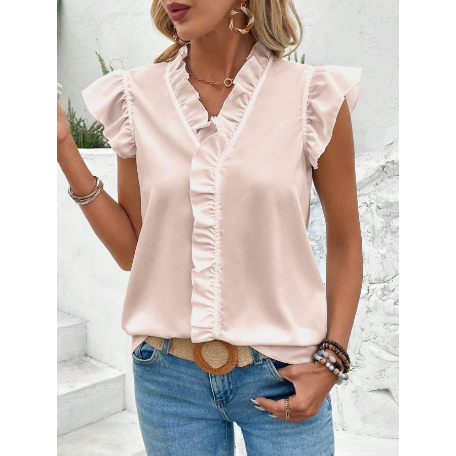 Ruffled V - Neck Cap Sleeve Blouse Apparel and Accessories