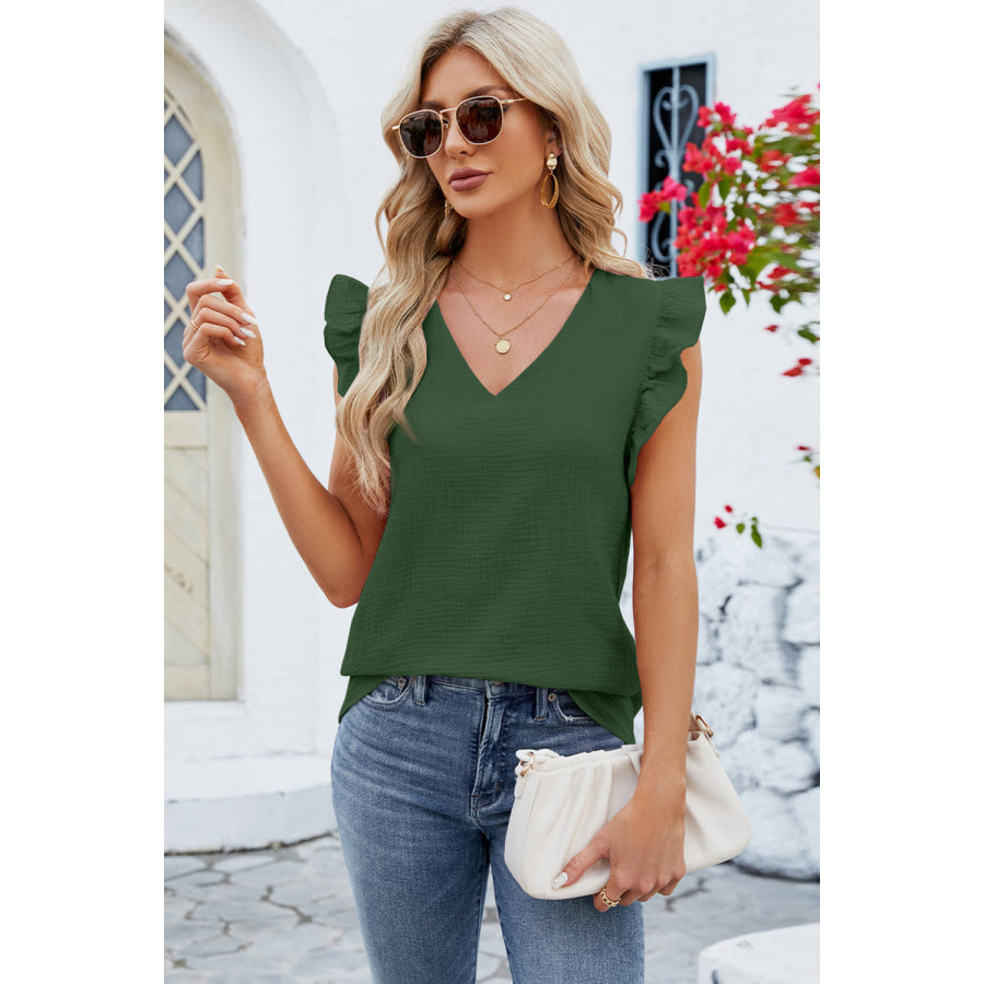 Ruffled V - Neck Cap Sleeve Blouse Apparel and Accessories