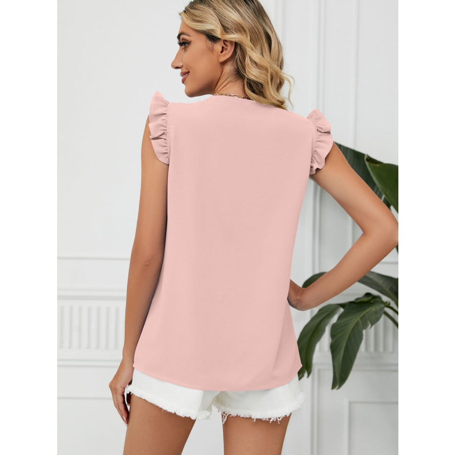 Ruffled V-Neck Cap Sleeve Blouse Apparel and Accessories