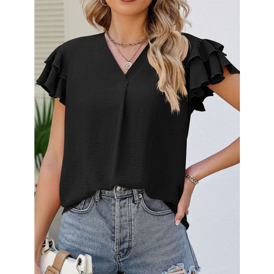 Ruffled V - Neck Cap Sleeve Blouse Apparel and Accessories