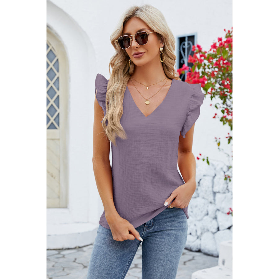 Ruffled V - Neck Cap Sleeve Blouse Apparel and Accessories